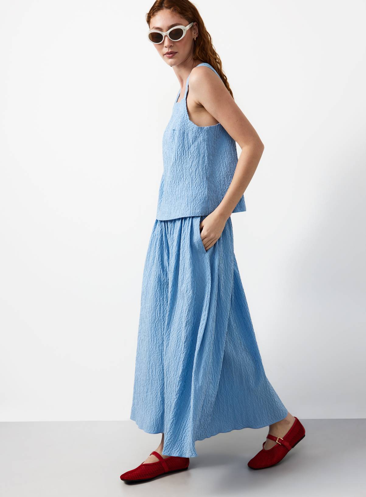 Blue Stripe Print Cotton Full Midaxi Co-ord Skirt 14 - Image 2
